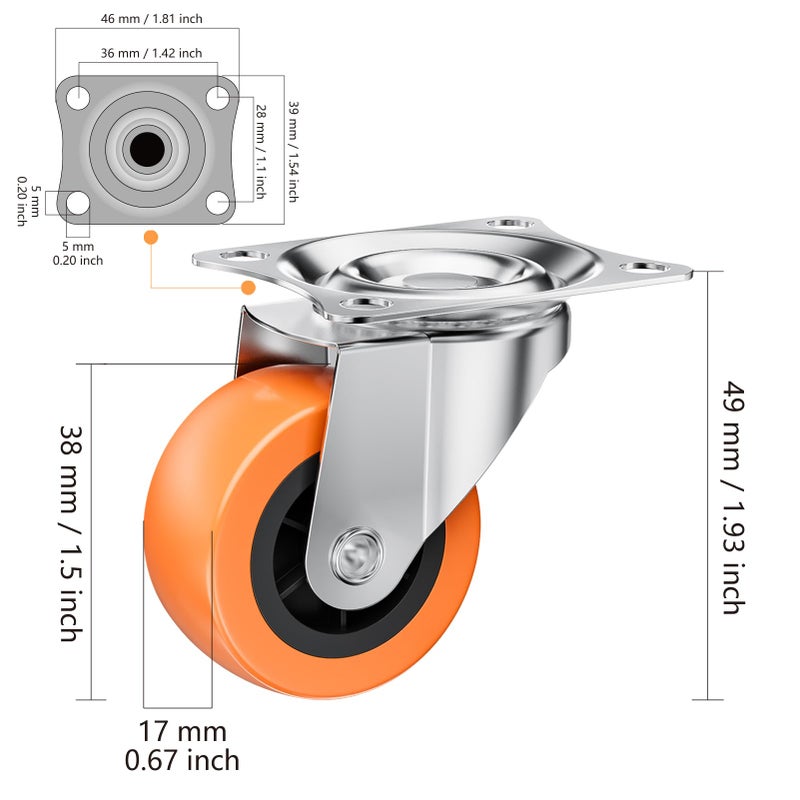ASHGOOB 1.5 Inch Casters, ASHGOOB Caster Wheels/Casters Set of 32, 360 Swivel Universal Plate Caster Wheels for Storage Box/Small Furniture/Kitchen Appliances, Orange Polyurethane (PU) Castors (32 Pack) - Image 3